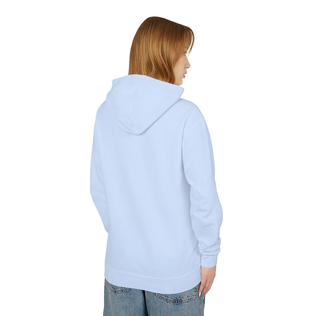 Light blue pullover hoodie with hood and long sleeves, back view.