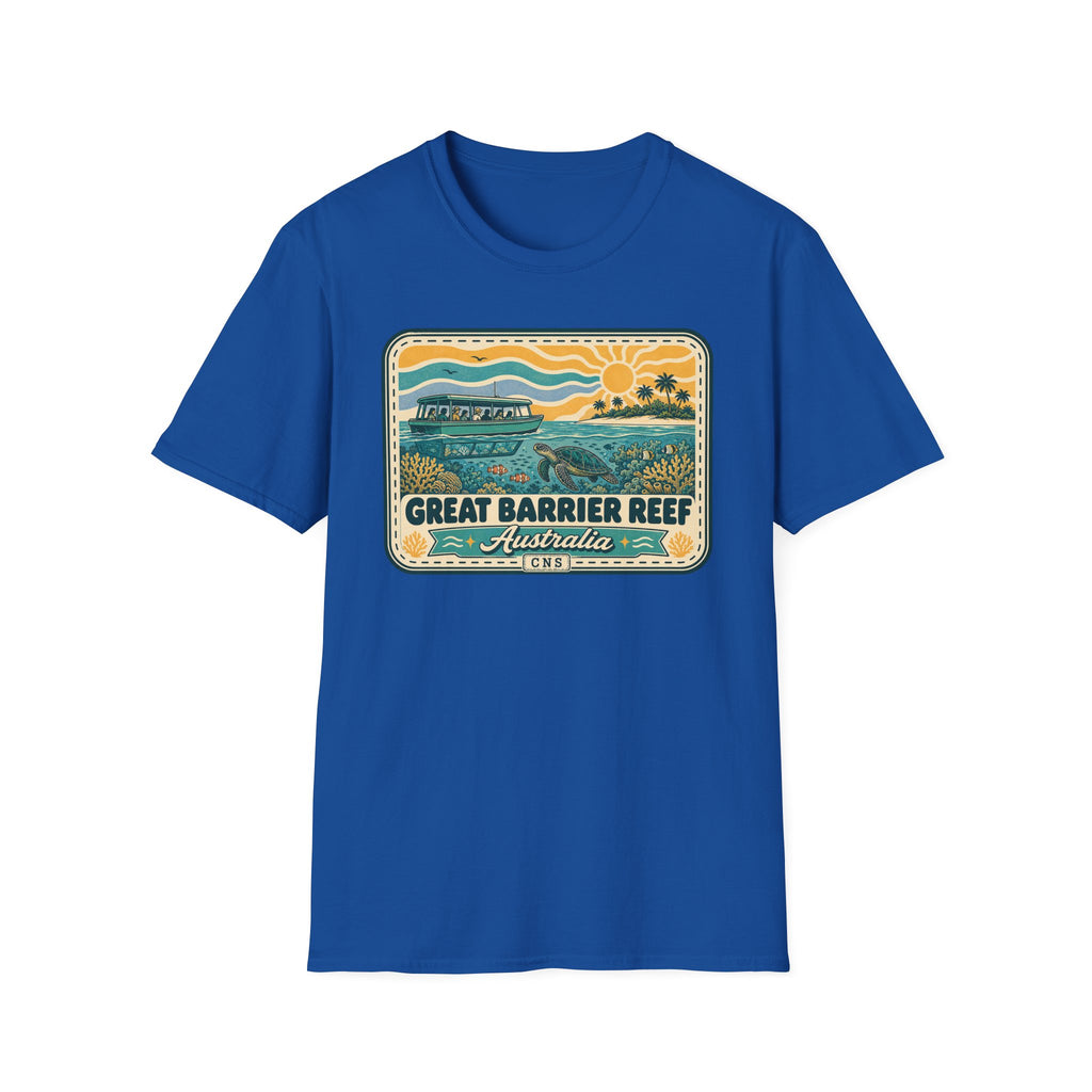Royal blue T-shirt with rectangular Great Barrier Reef Australia graphic at chest