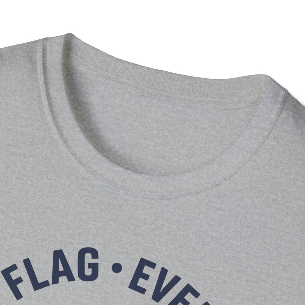 Light gray crew-neck T-shirt with blue "FLAG • EVER" text on chest