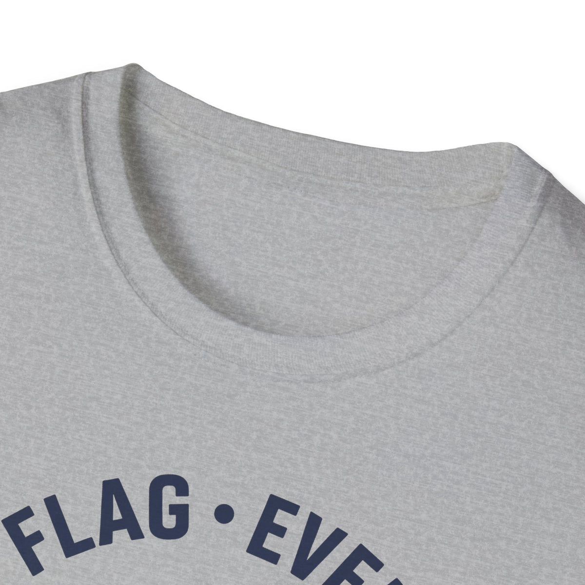 Light gray crew-neck T-shirt with blue "FLAG • EVER" text on chest