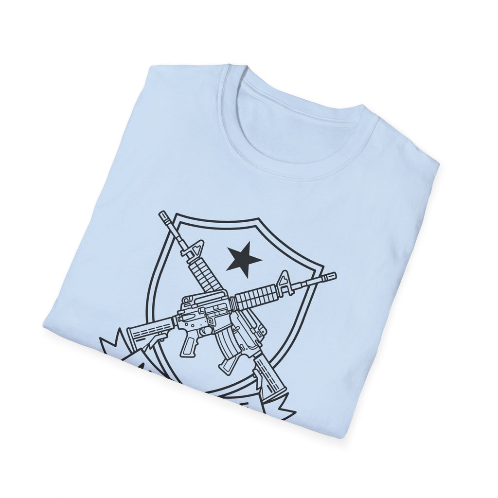 Graphic T-shirt in light blue with crossed-rifles shield chest print.