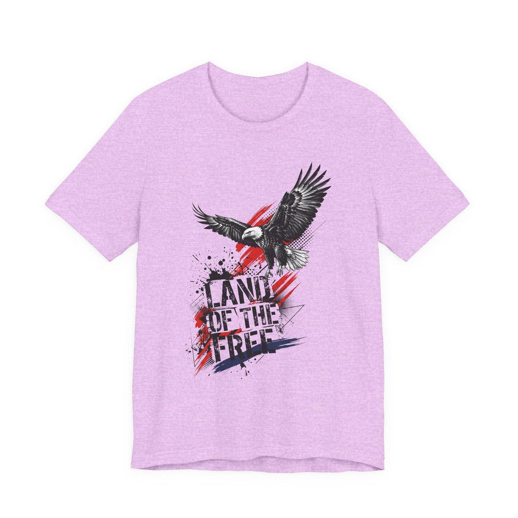 Lavender graphic eagle t-shirt with distressed patriotic text and flag-style stripes