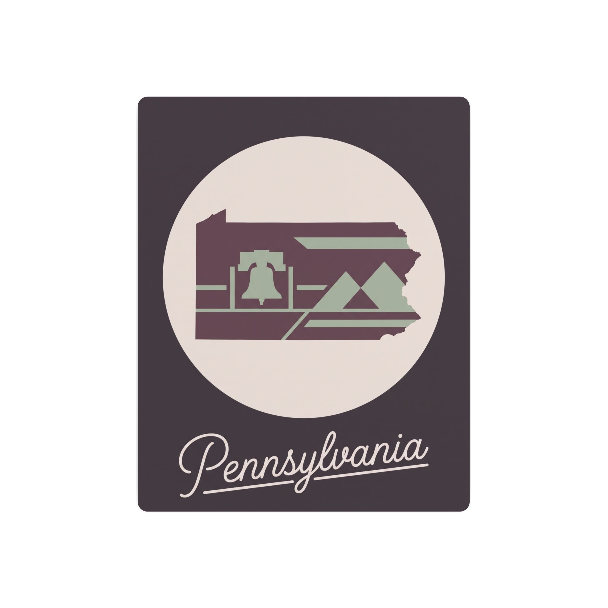 Mauve metal Pennsylvania wall art with oval landscape silhouette and script “Pennsylvania”