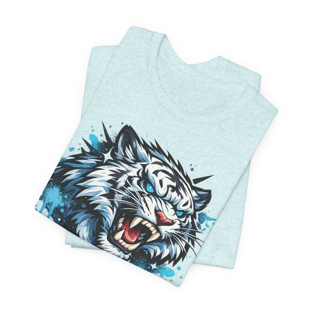 Light blue t-shirt with roaring tiger head graphic and blue splatter drip print