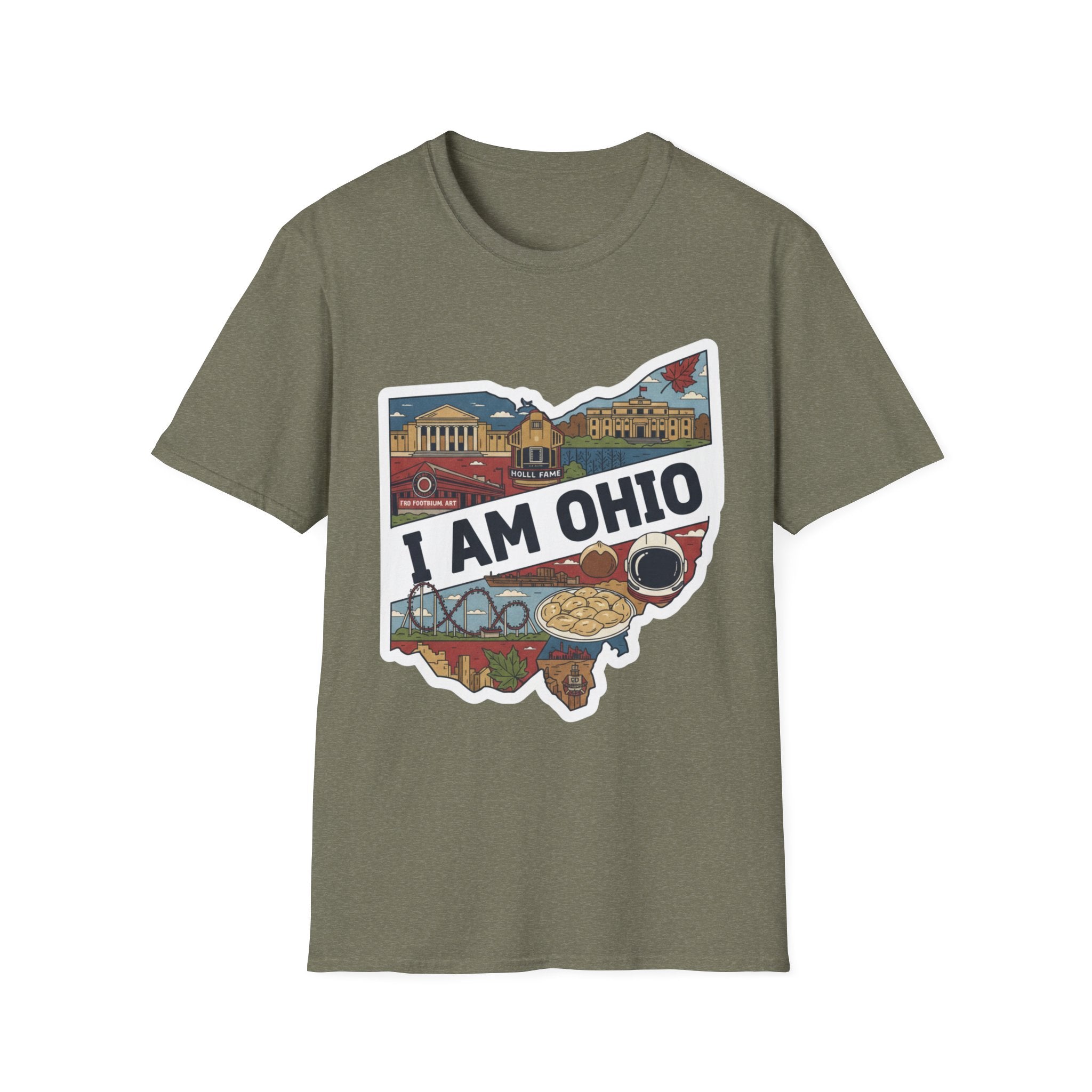 Heather Military Green I Am Ohio T-shirt with Ohio map collage graphic