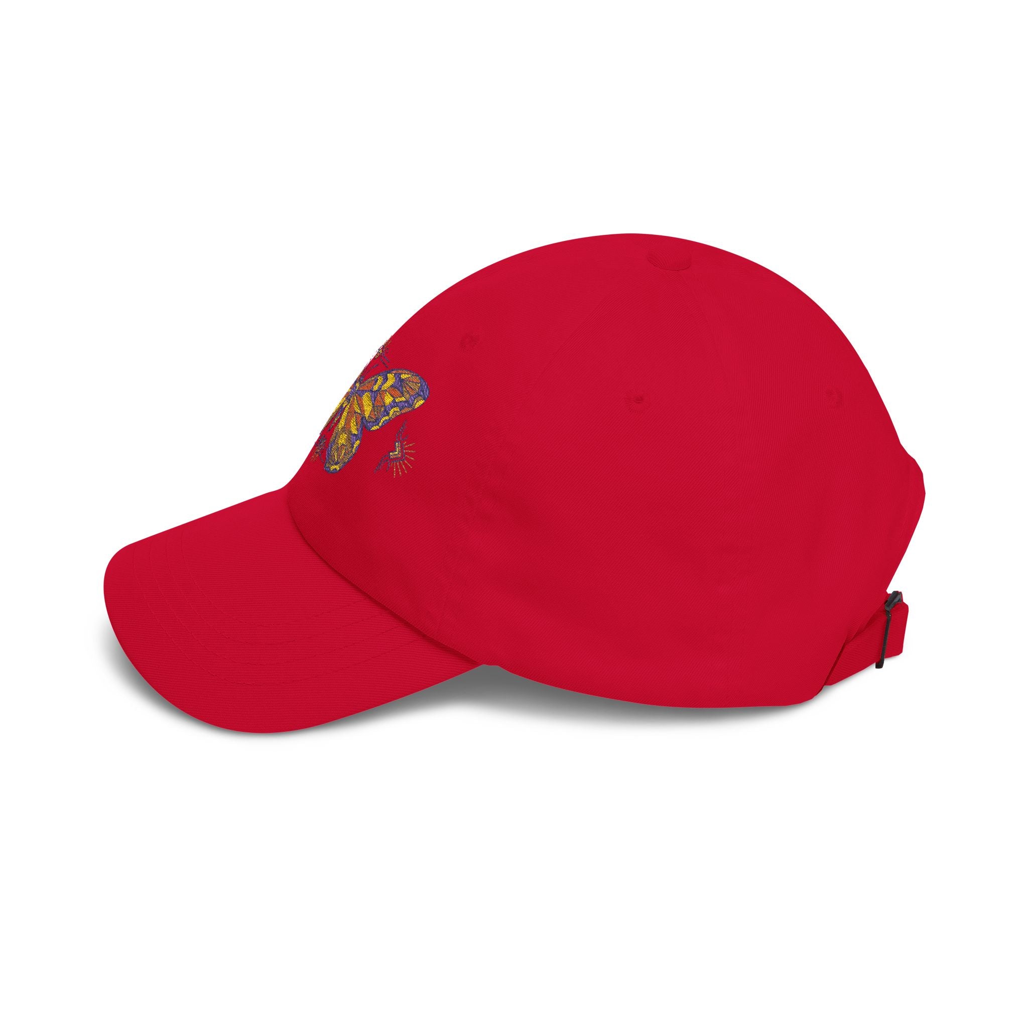 Red baseball cap with embroidered moth on side and curved brim