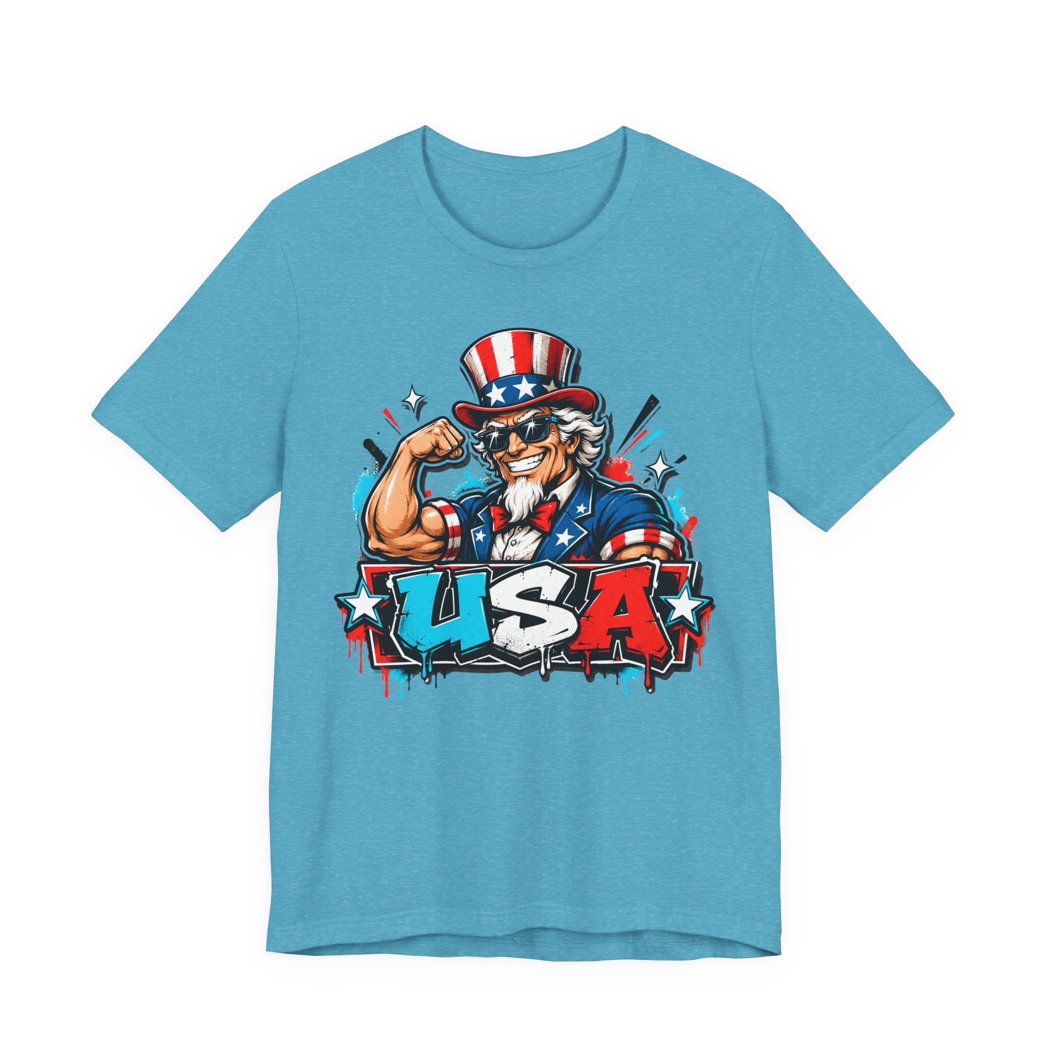 Light blue muscle t-shirt with Uncle Sam USA patriotic graphic