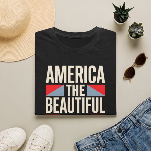 Navy dark T-shirt with 'AMERICA THE BEAUTIFUL' patriotic flag graphic