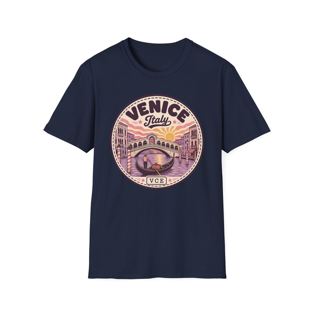 Navy graphic T-shirt with circular Venice Italy sunset bridge logo print