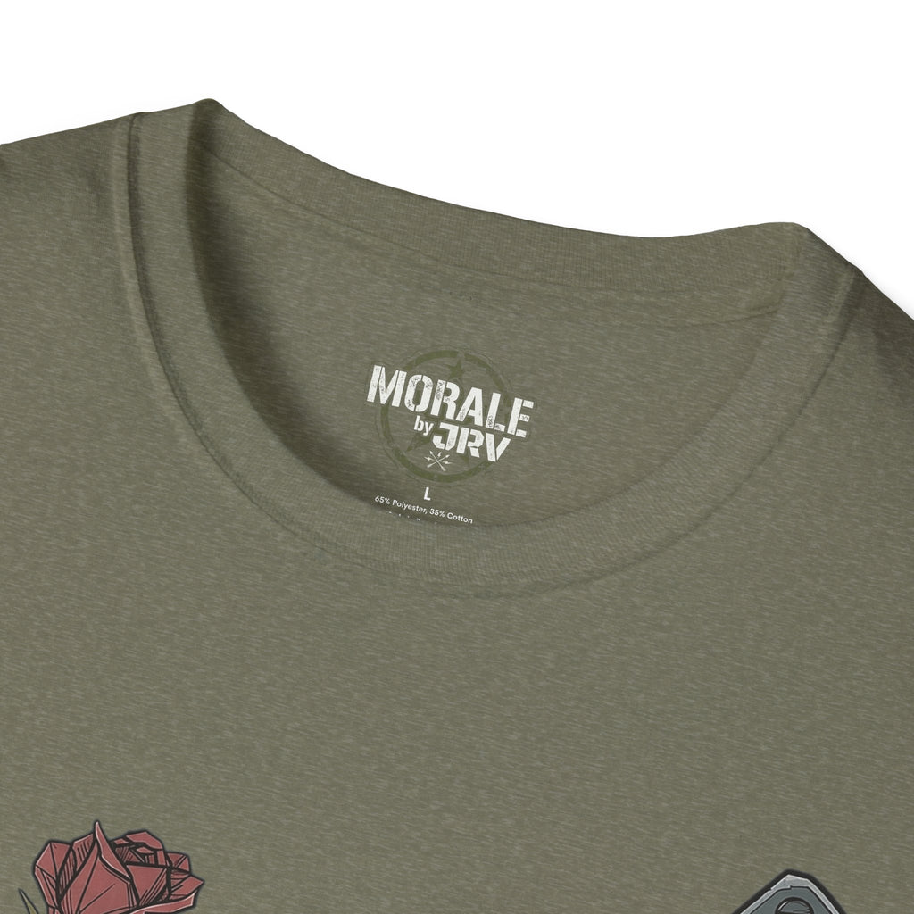 Military green T-shirt neckline logo, close-up view