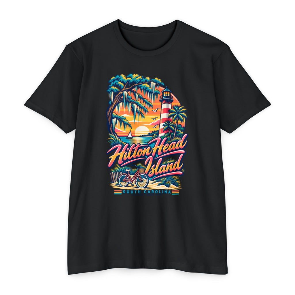 Black T-shirt with colorful lighthouse, palm trees, and bicycle graphic on the chest