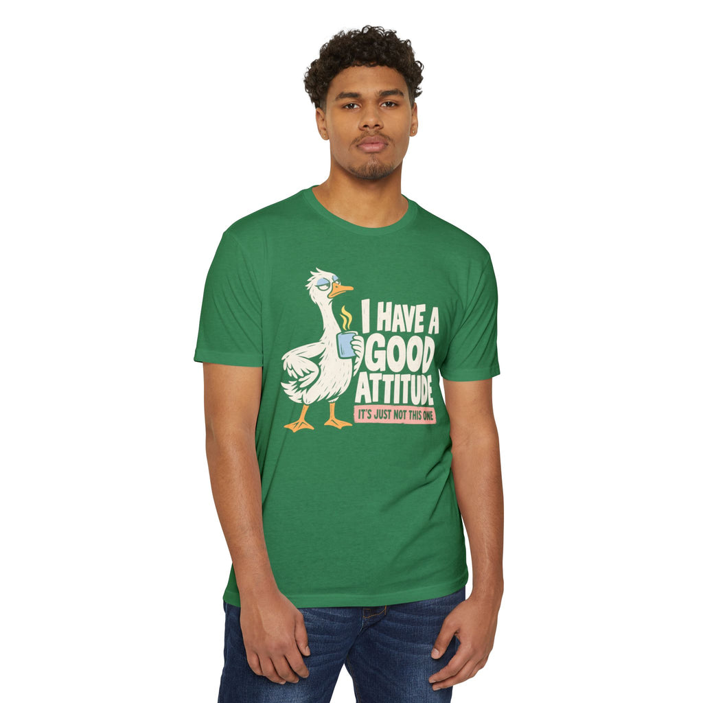 Green crewneck t-shirt with goose graphic and slogan "I have a good attitude"