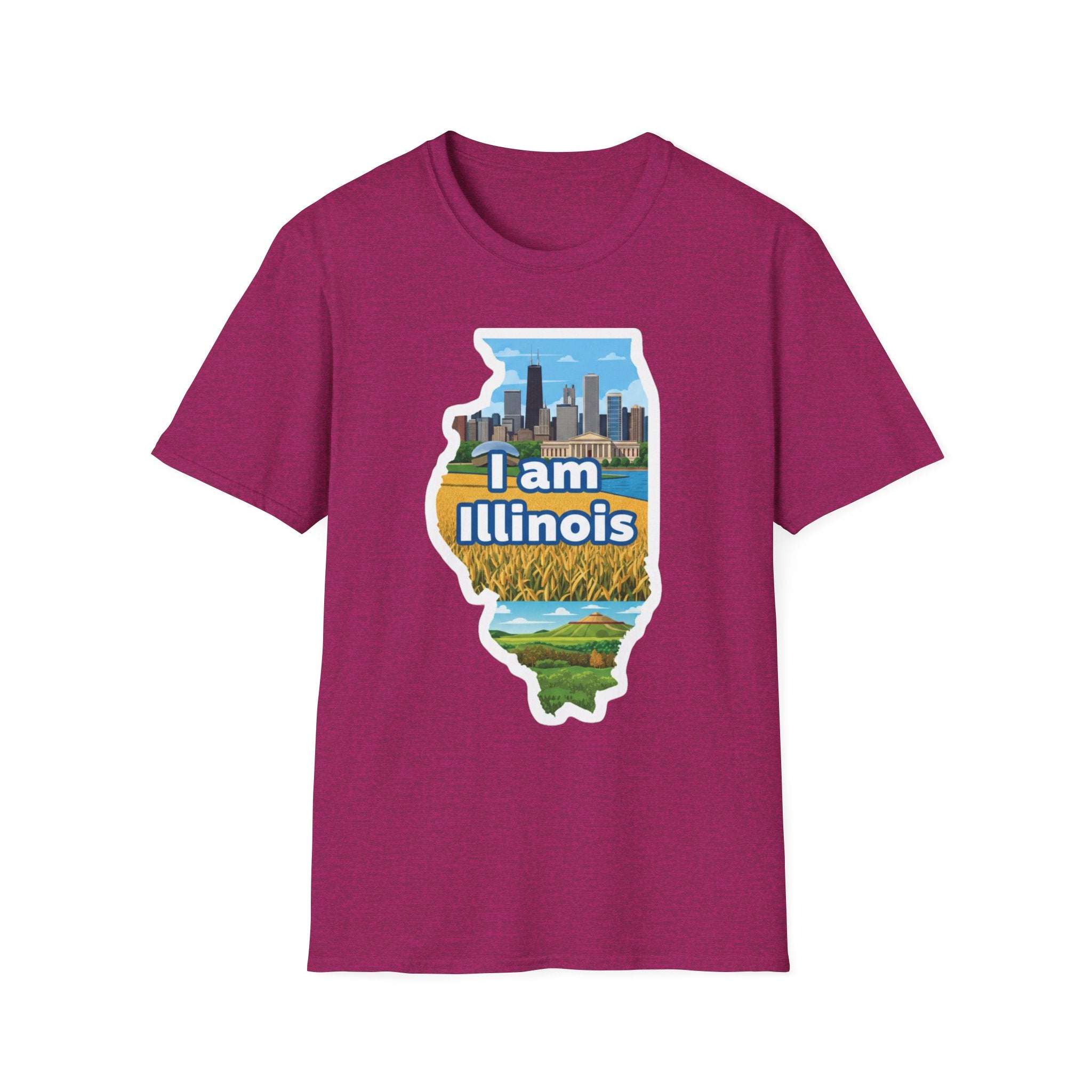 I Am Illinois T-shirt in Burgundy, Illinois map skyline and farmland print