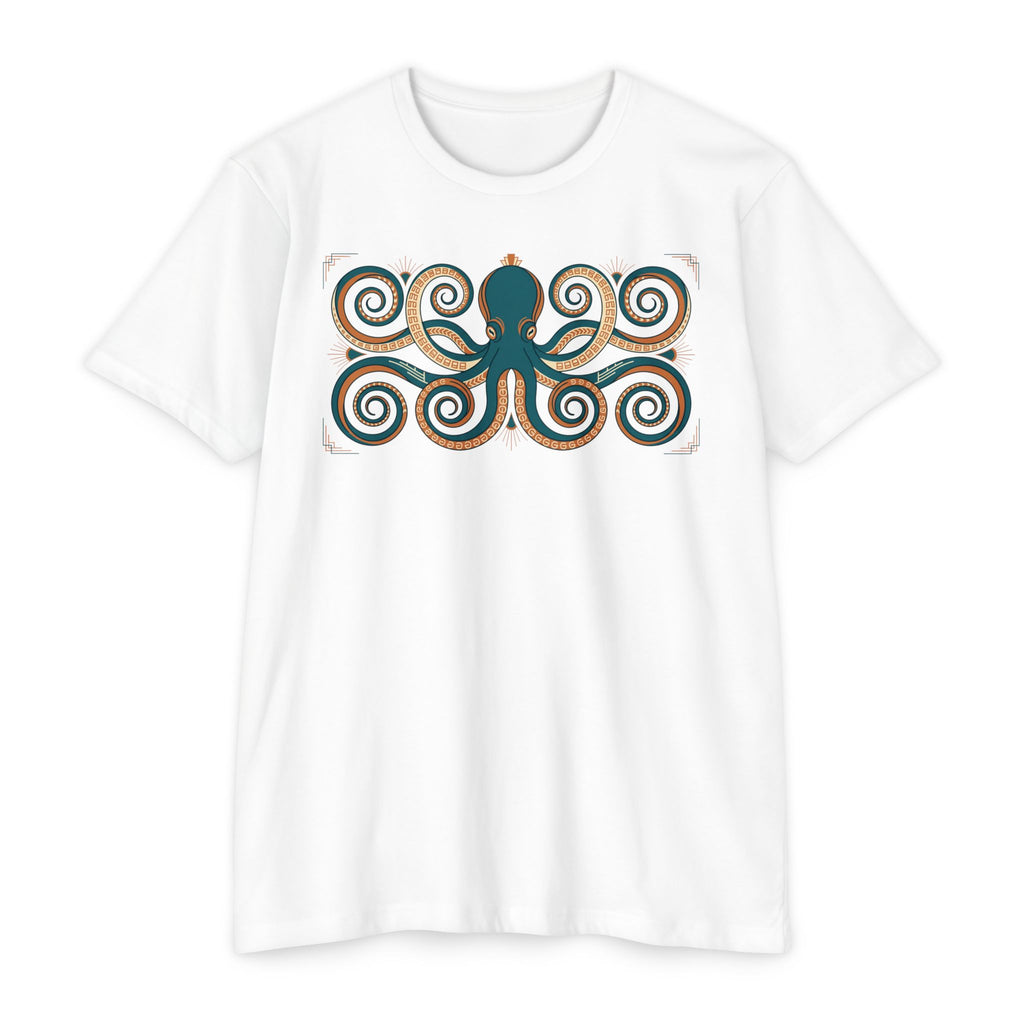Octopus graphic T-shirt, white, front view with teal octopus swirl print