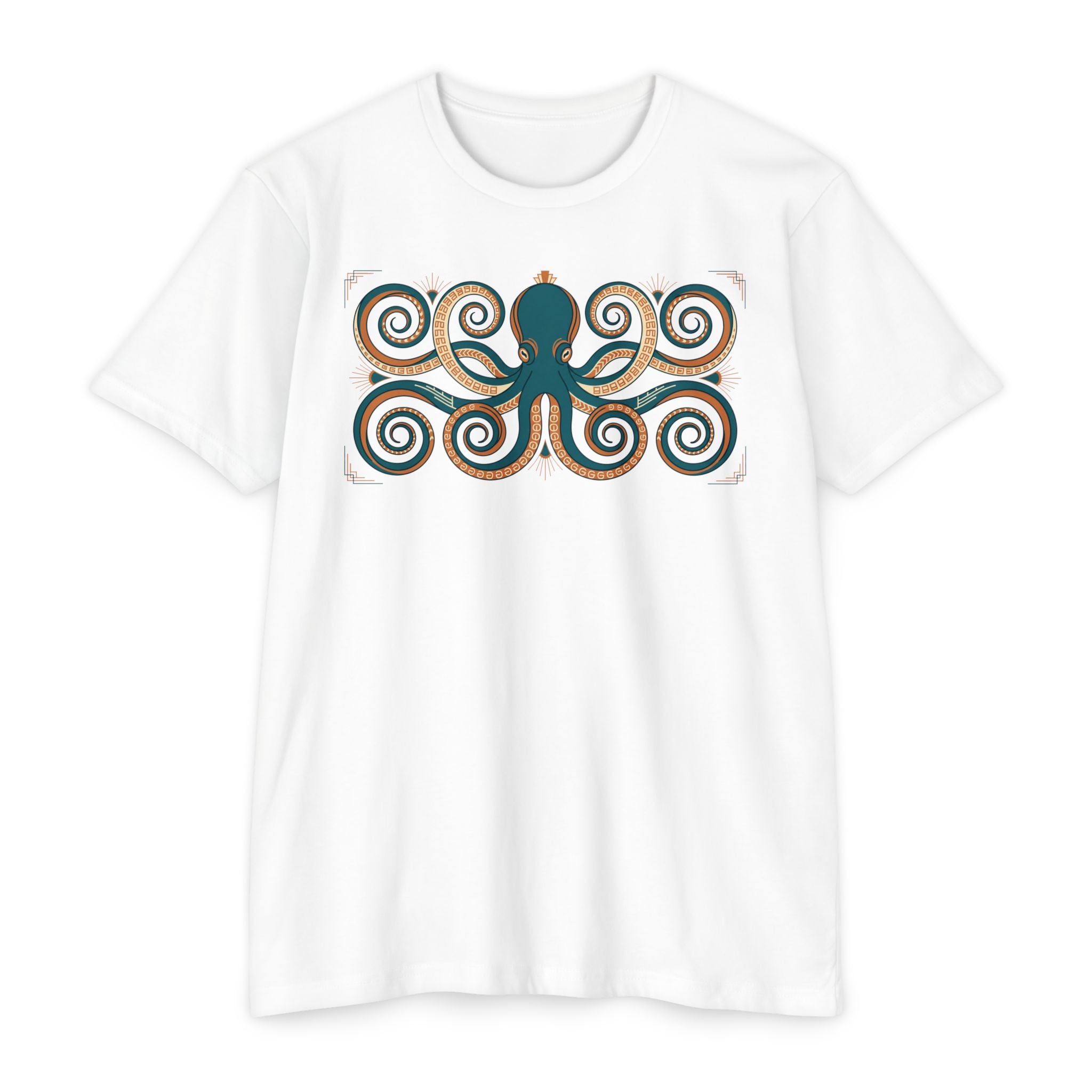 Octopus graphic T-shirt, white, front view with teal octopus swirl print