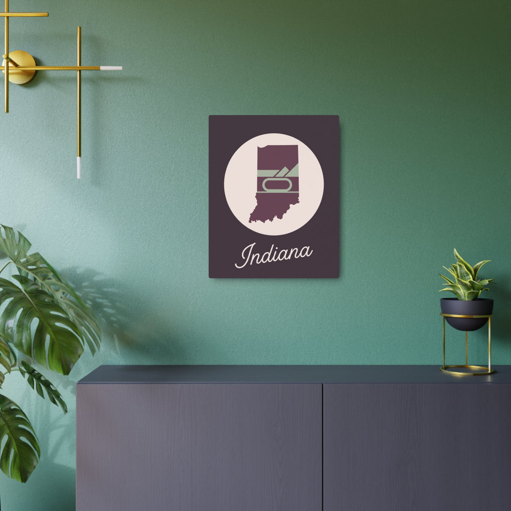 Plum and sage metal wall art featuring Indiana state outline with “Indiana” below.