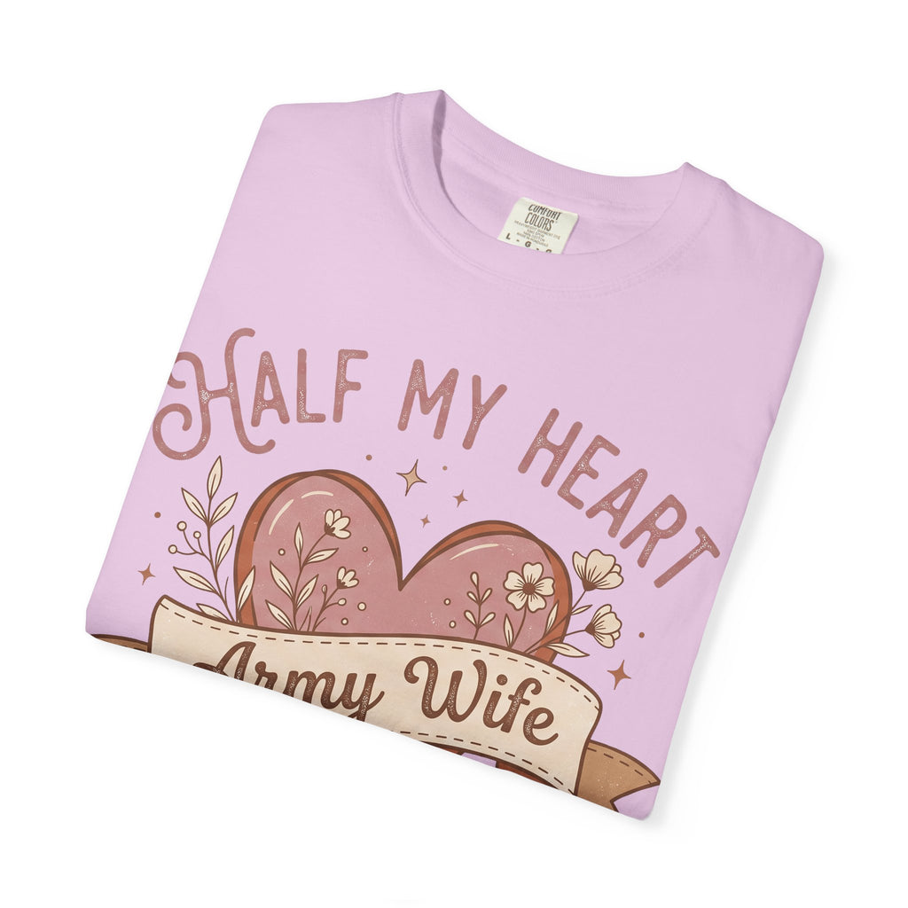 Lilac T-shirt with close-up heart graphic and “Army Wife” banner text