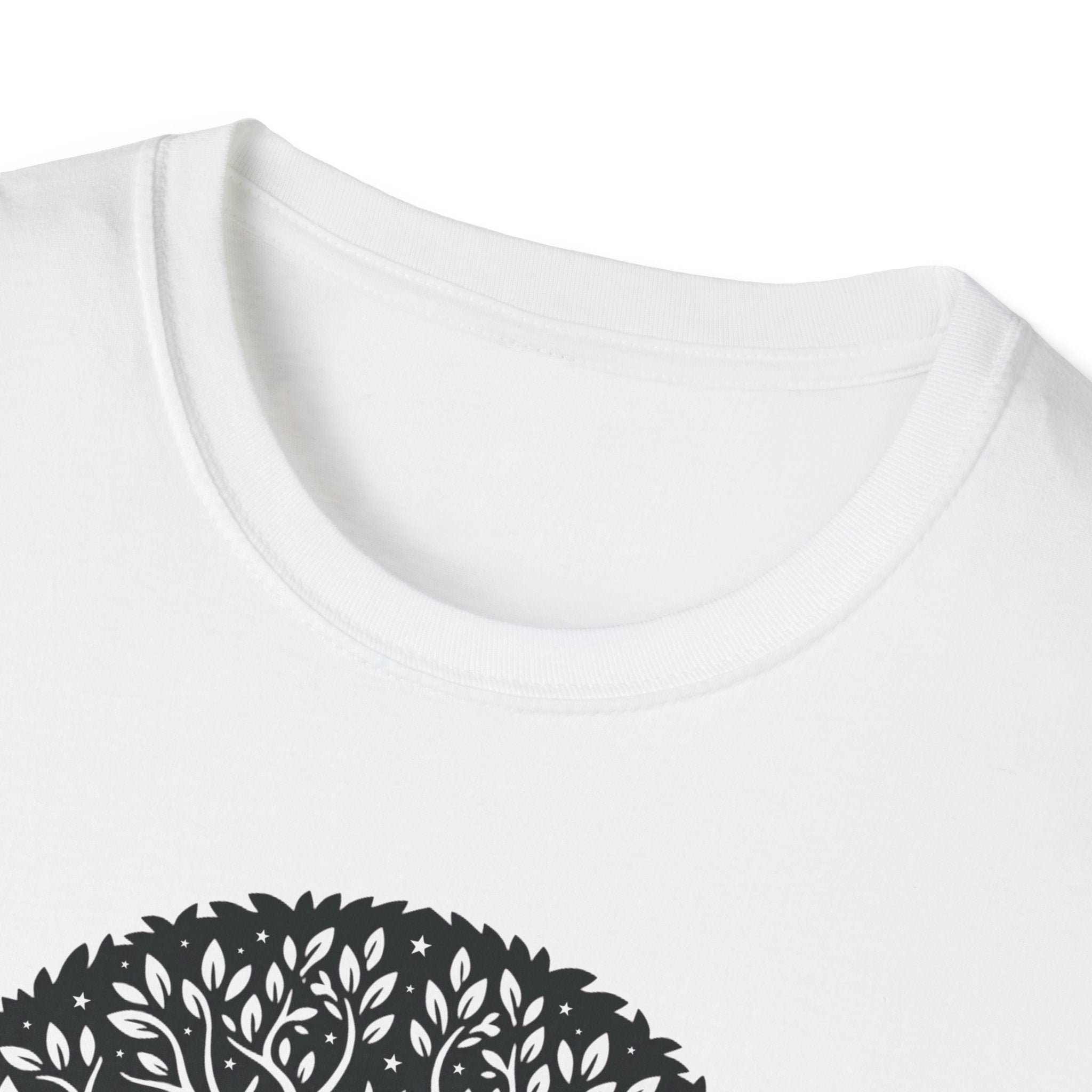 White T-shirt with black tree of life Art Nouveau graphic, close-up of the collar