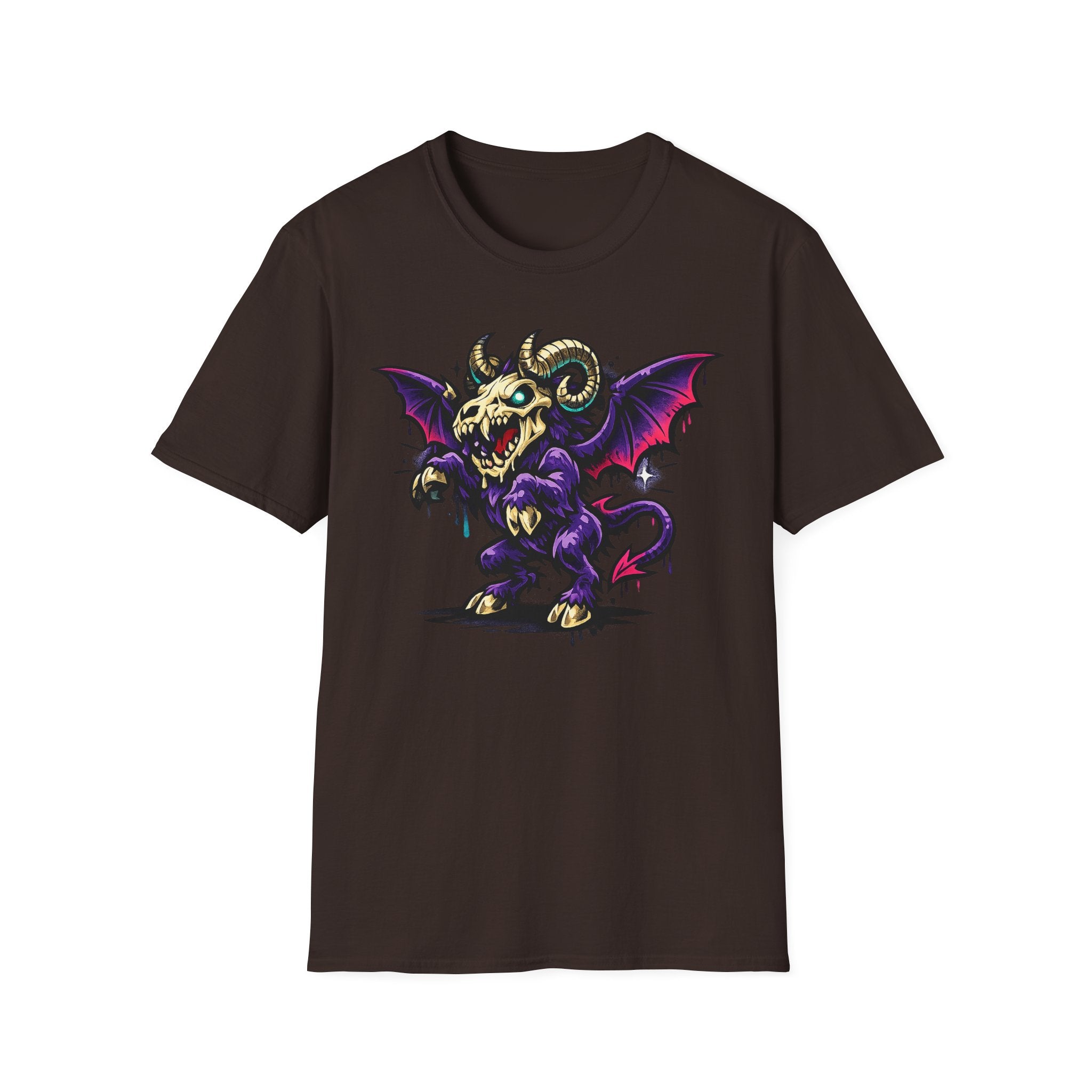 Dark brown graphic T-shirt with purple bat-skull ram creature front