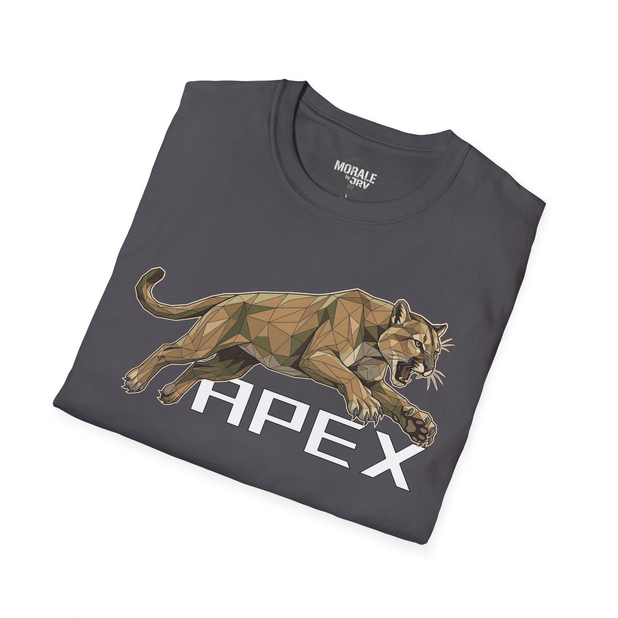Charcoal T-shirt with leaping cougar graphic and large HPEX text