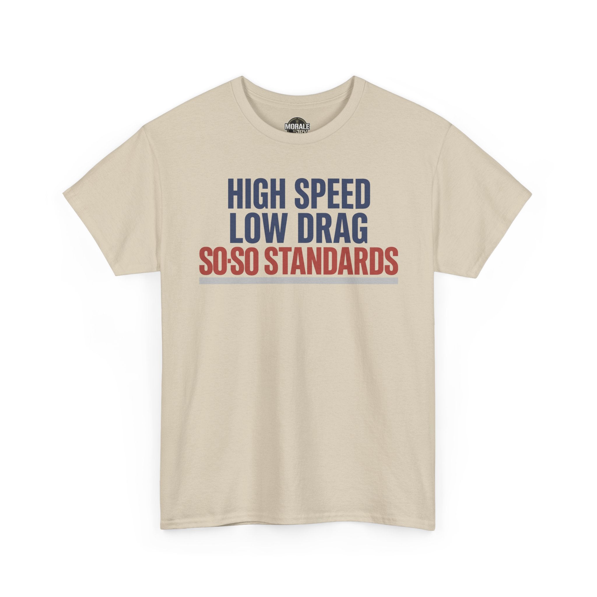 Sand crew-neck T-shirt with bold multicolor slogan print on the front.