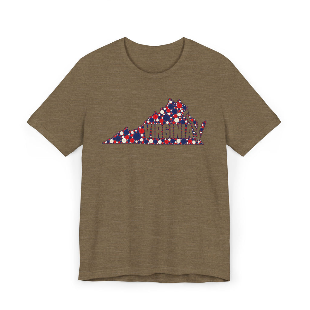 Heather brown crewneck T-shirt with front Virginia map graphic in red, white, and blue