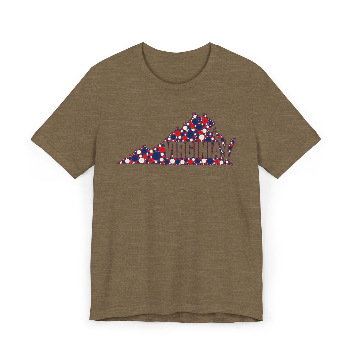 Heather brown crewneck T-shirt with front Virginia map graphic in red, white, and blue