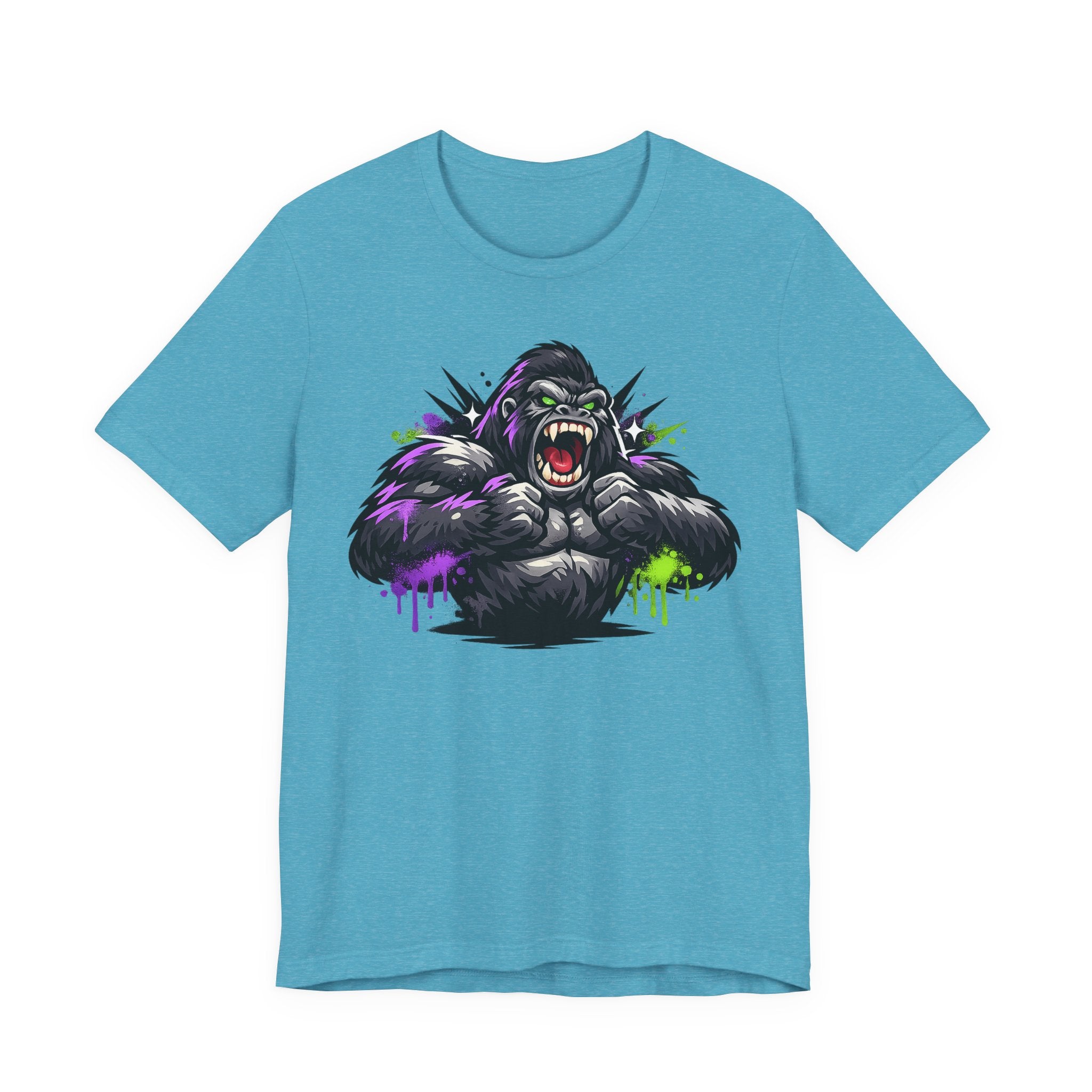 Turquoise graphic gorilla tee with roaring ape illustration and purple/green neon paint drips