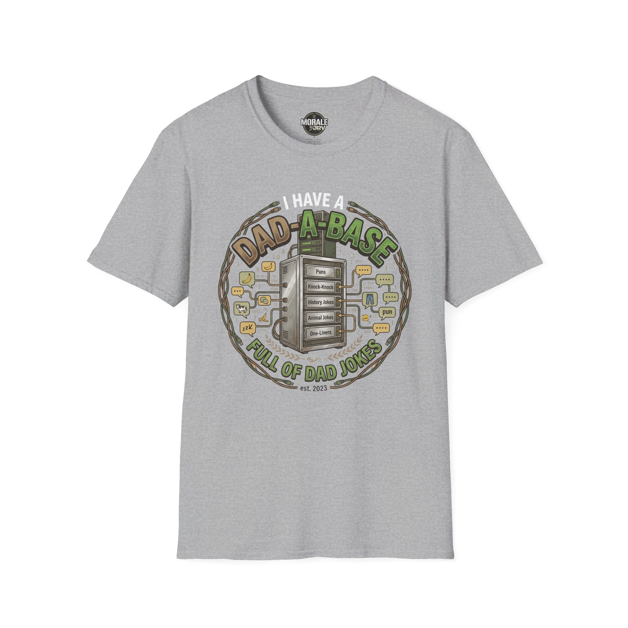 Sport grey T-shirt with “I have a Dad-a-Base” retro computer dad-joke graphic