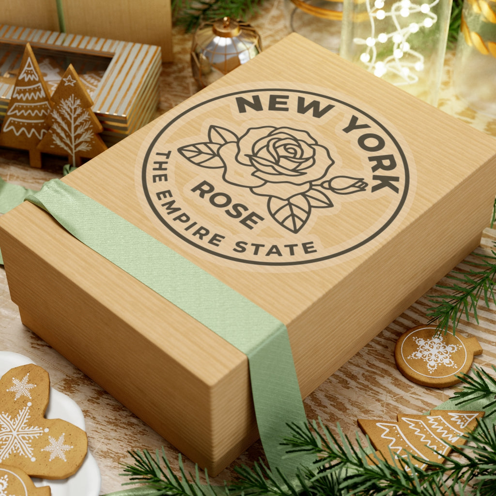 Circular New York rose state sticker on gift box lid with rose illustration and text