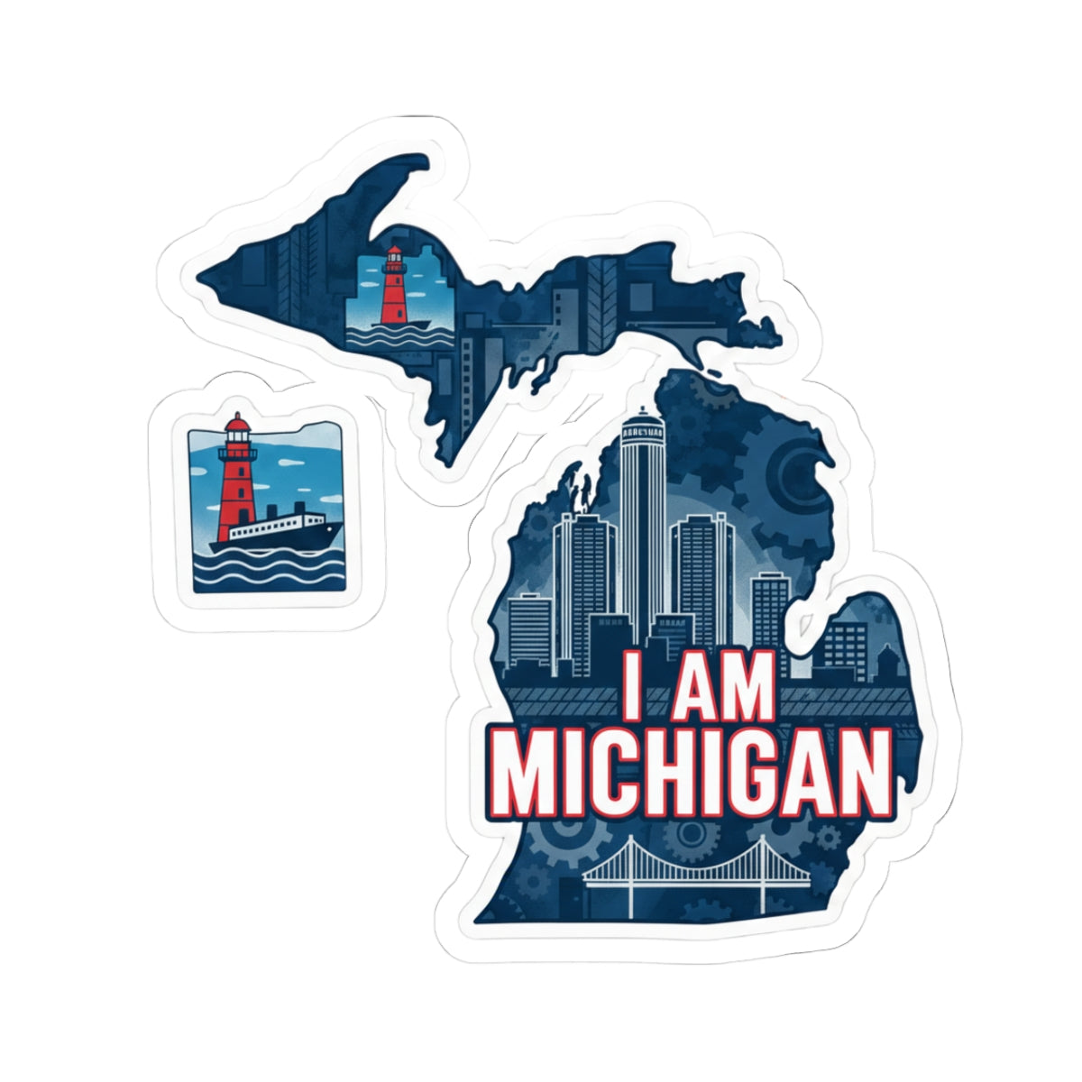 I Am Michigan sticker: blue map with lighthouse and skyline, “I AM MICHIGAN”
