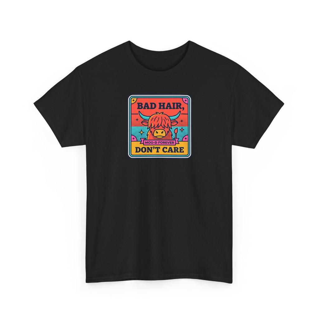 Black crewneck T-shirt with colorful “BAD HAIR, DON’T CARE” cow graphic on front