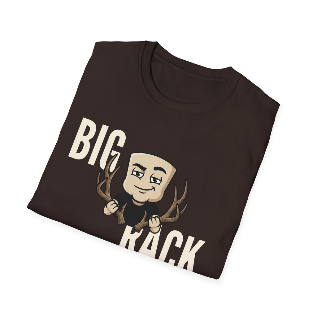 Dark brown T-shirt with “BIG RACK” graphic and cartoon hunter with antlers