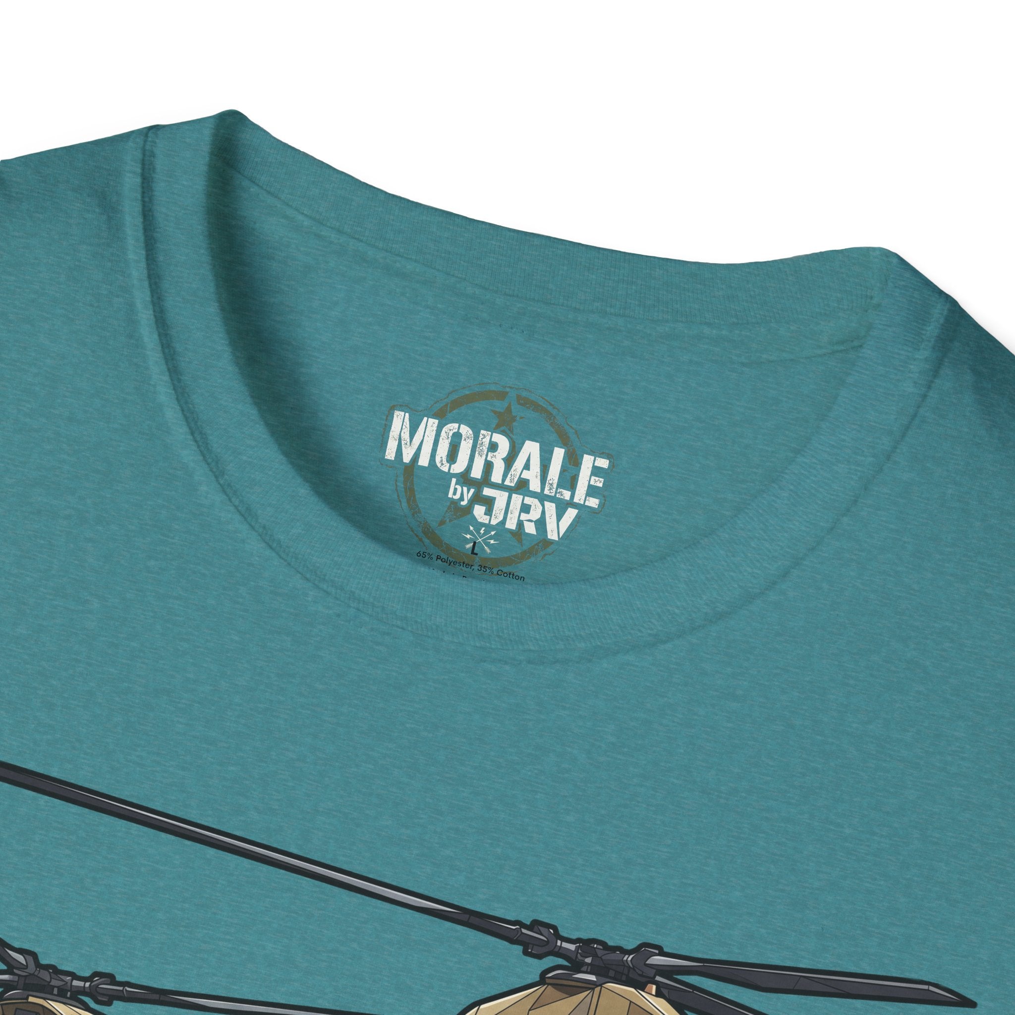 “MORALE by TRV” print at the neckline on teal blue T-shirt
