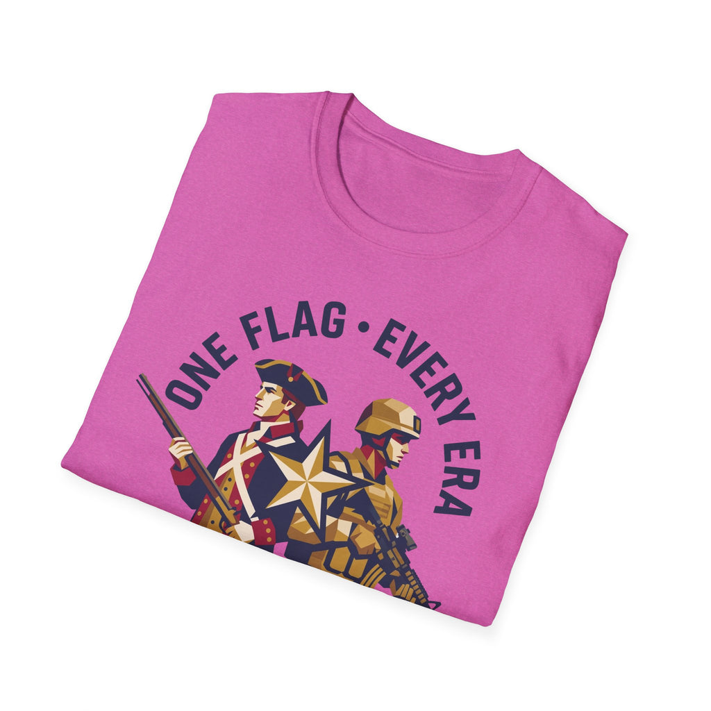 Purple crew-neck t-shirt with ONE FLAG • EVERY ERA soldier graphic