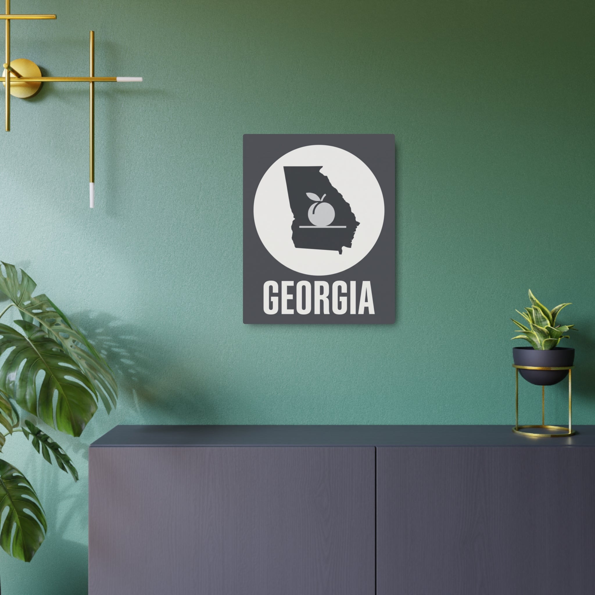 Dark gray metal wall sign with white circle Georgia silhouette and GEORGIA text