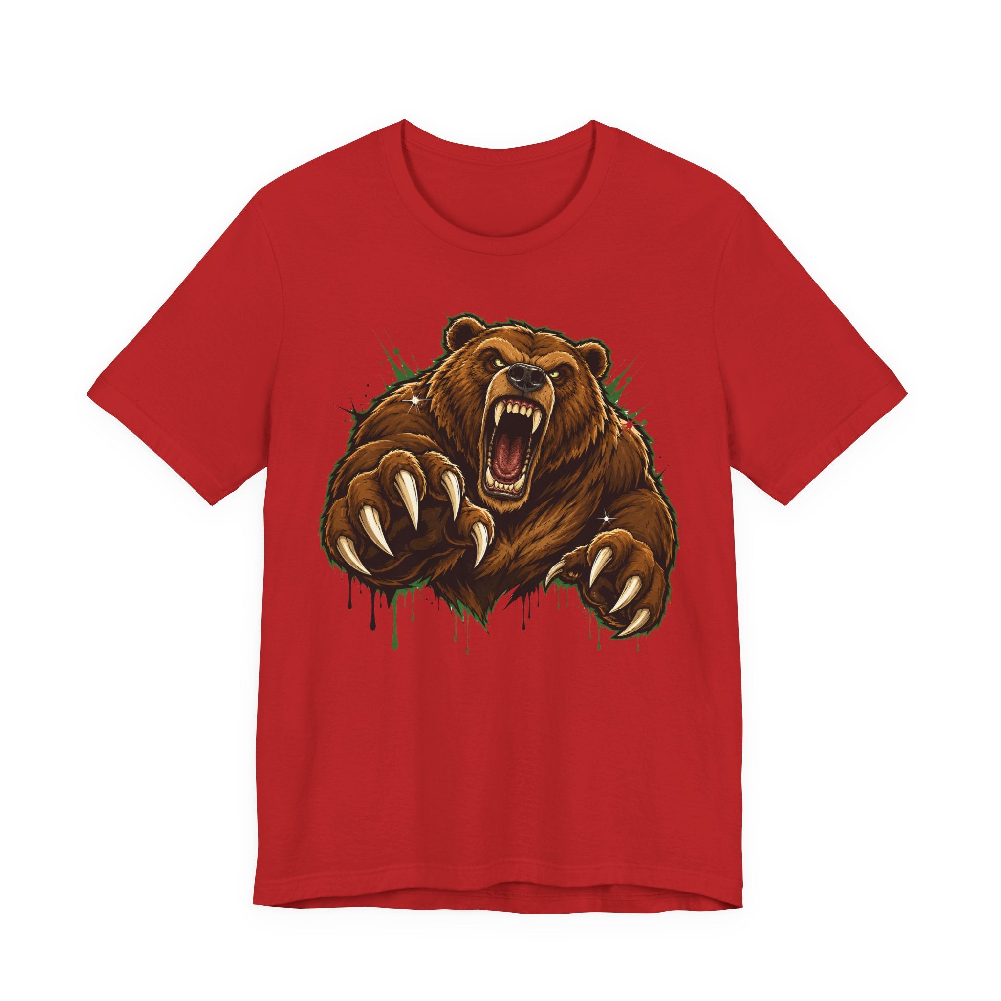 Red unisex tee with roaring grizzly bear graphic and claw splash detail