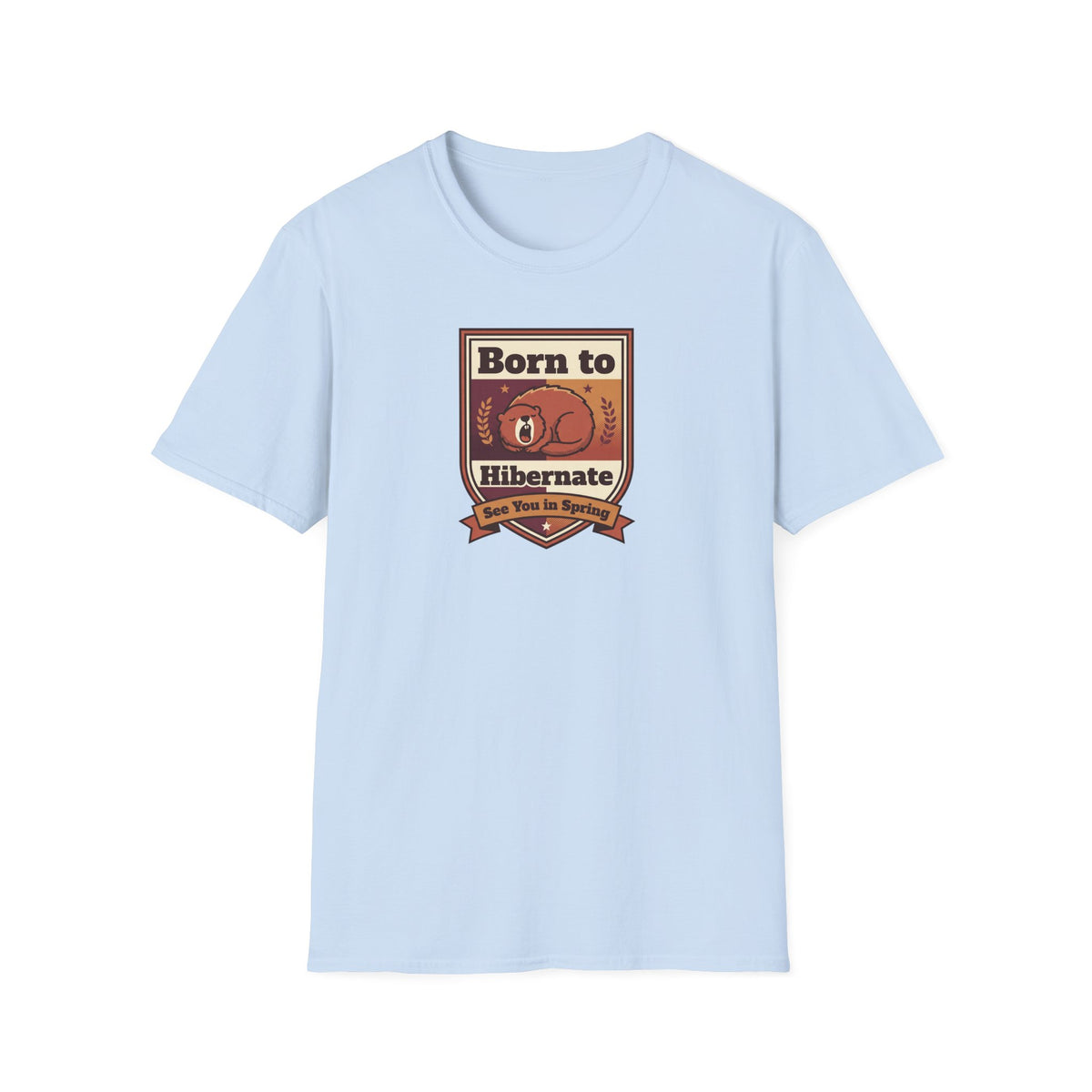 Light blue graphic T-shirt with bear badge print on chest