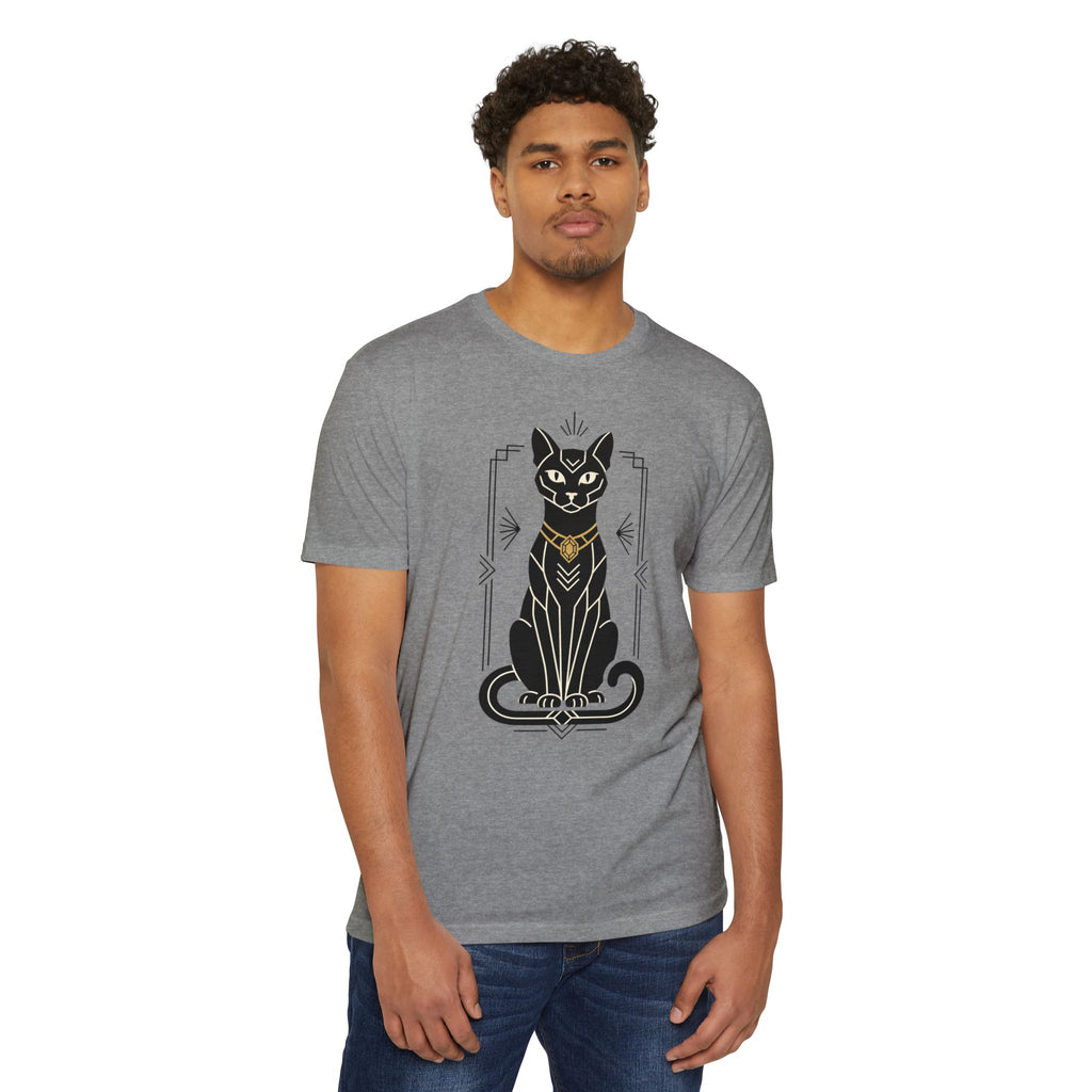 Heather gray short-sleeve T-shirt with black cat graphic in Art Deco style.