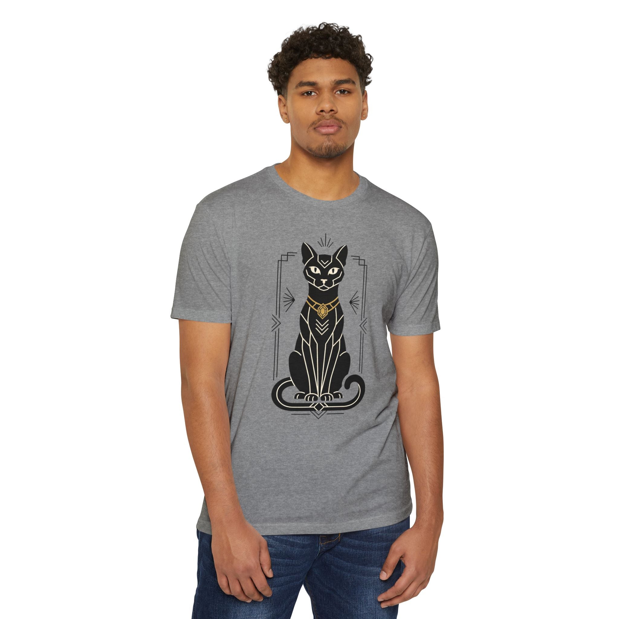 Heather gray short-sleeve T-shirt with black cat graphic in Art Deco style.