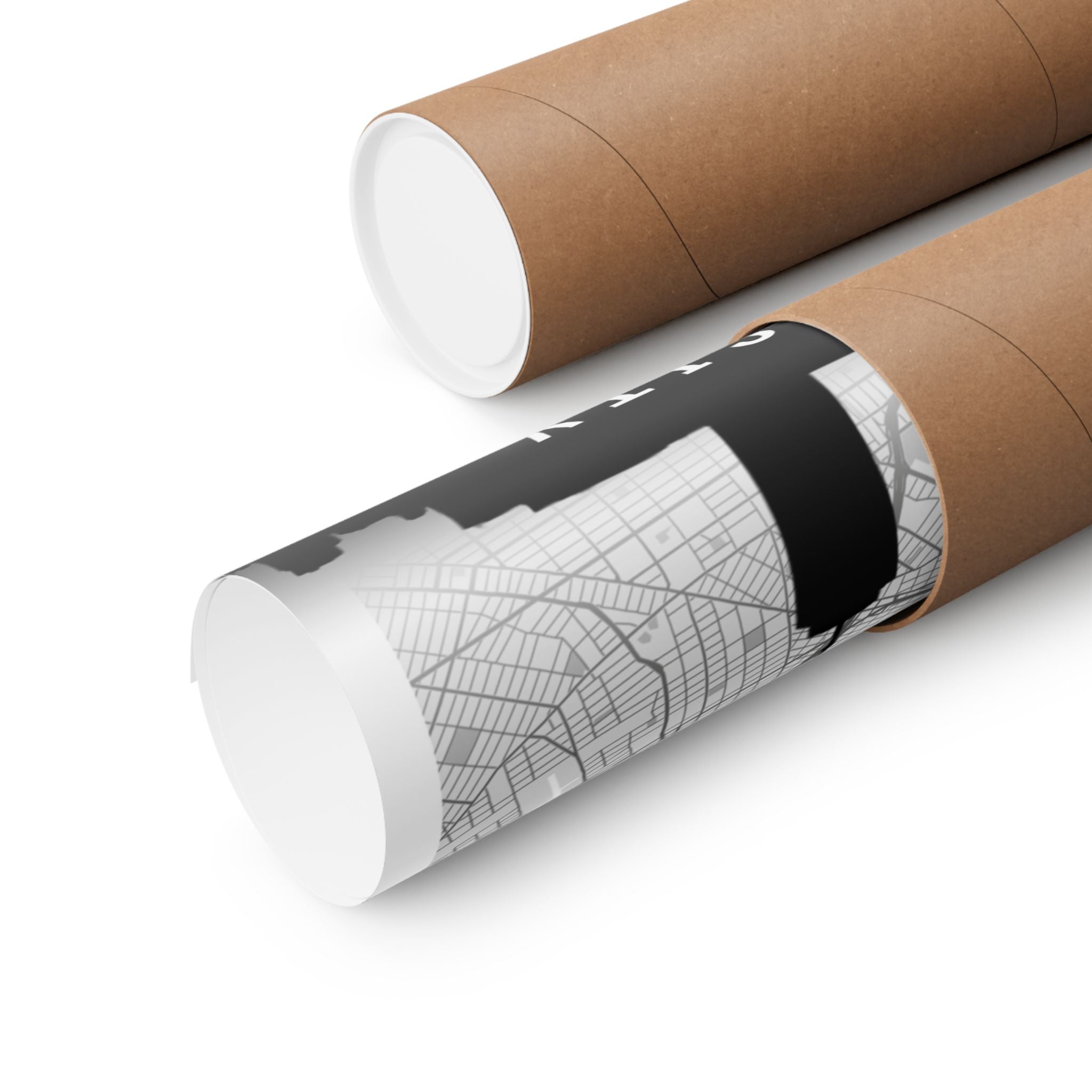 Rolled matte poster showing grayscale NYC map and black skyline silhouette