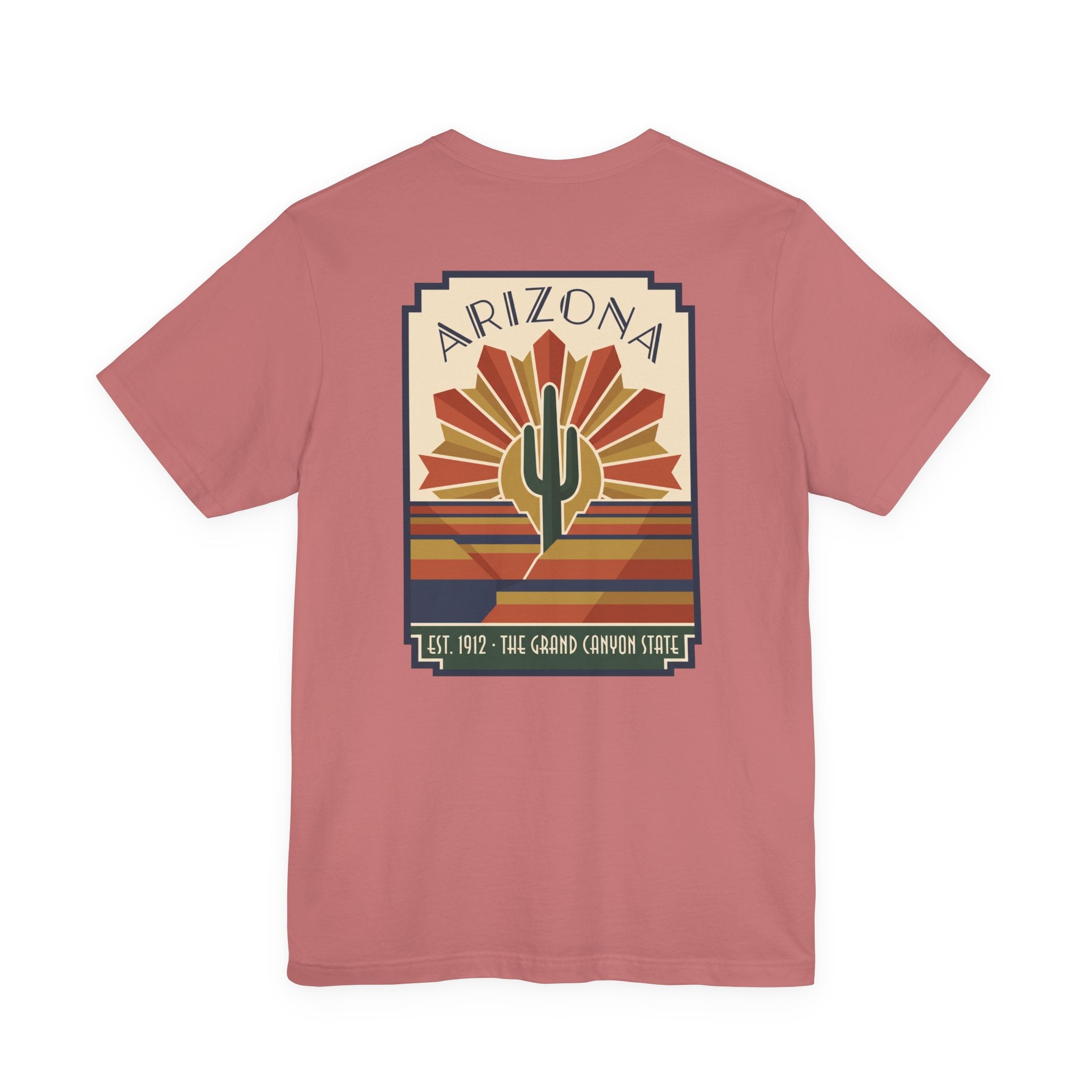 Dusty pink t-shirt with Arizona cactus art graphic in sunburst style