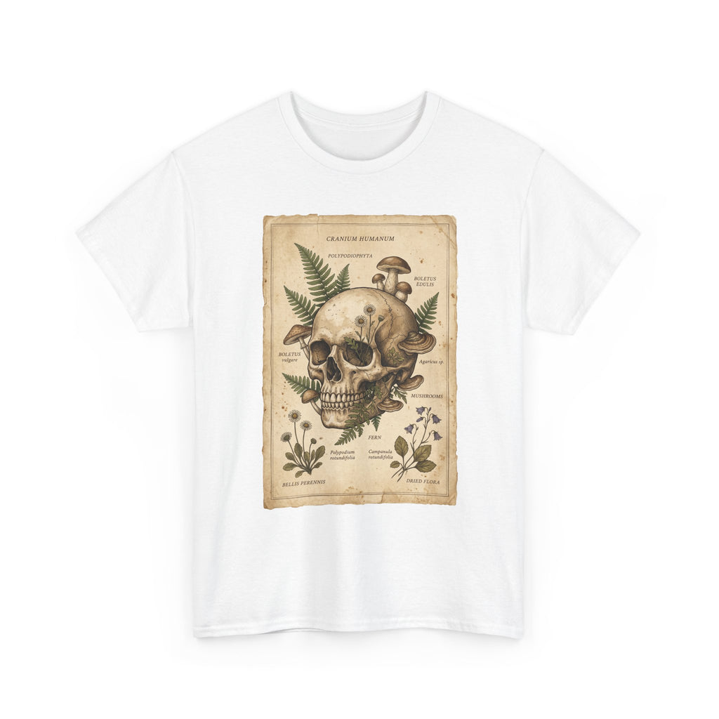 White crew-neck graphic skull tee with vintage botanical fern label print