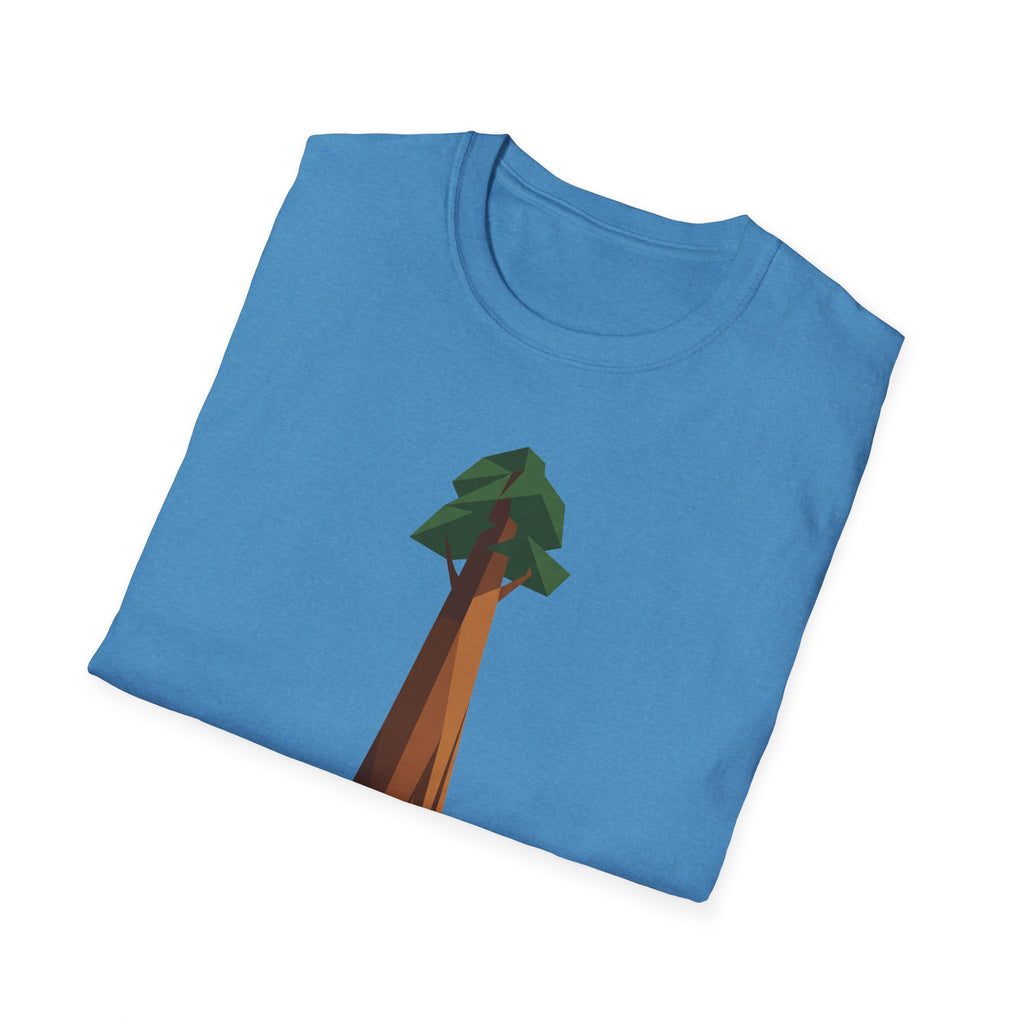 Geometric redwood tree graphic T-shirt in blue, short sleeves and front print