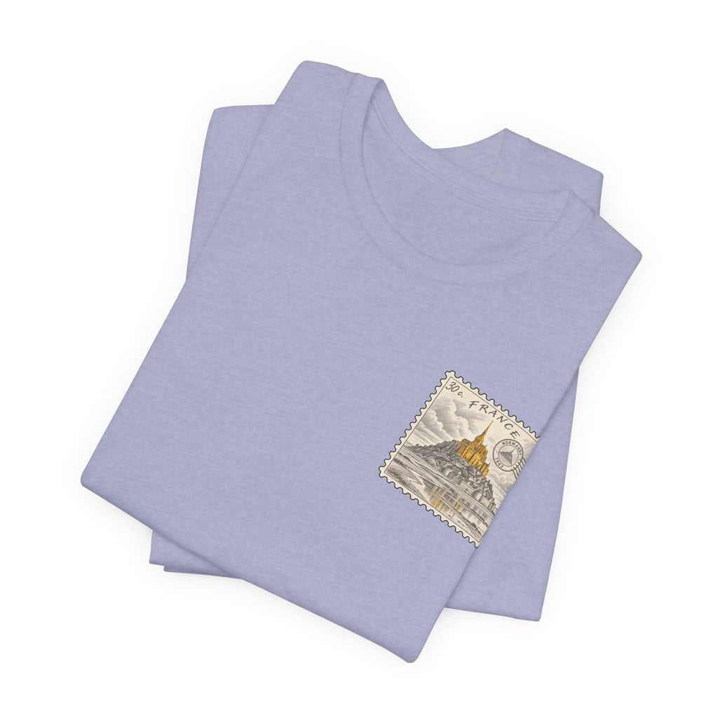Light purple heather graphic T-shirt with small postage-stamp style print on chest