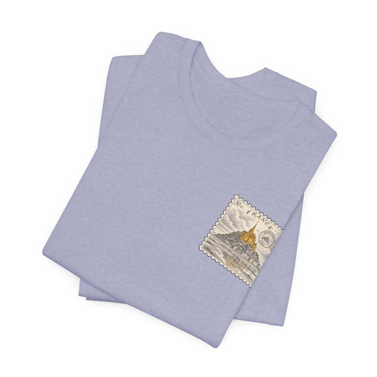 Light purple heather graphic T-shirt with small postage-stamp style print on chest