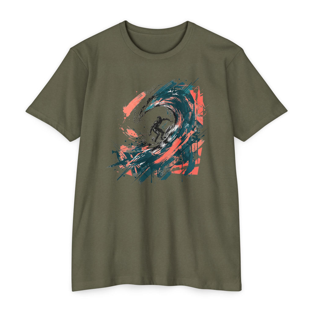 Unisex T-shirt in olive green with abstract surfer wave paintbrush graphic on front.
