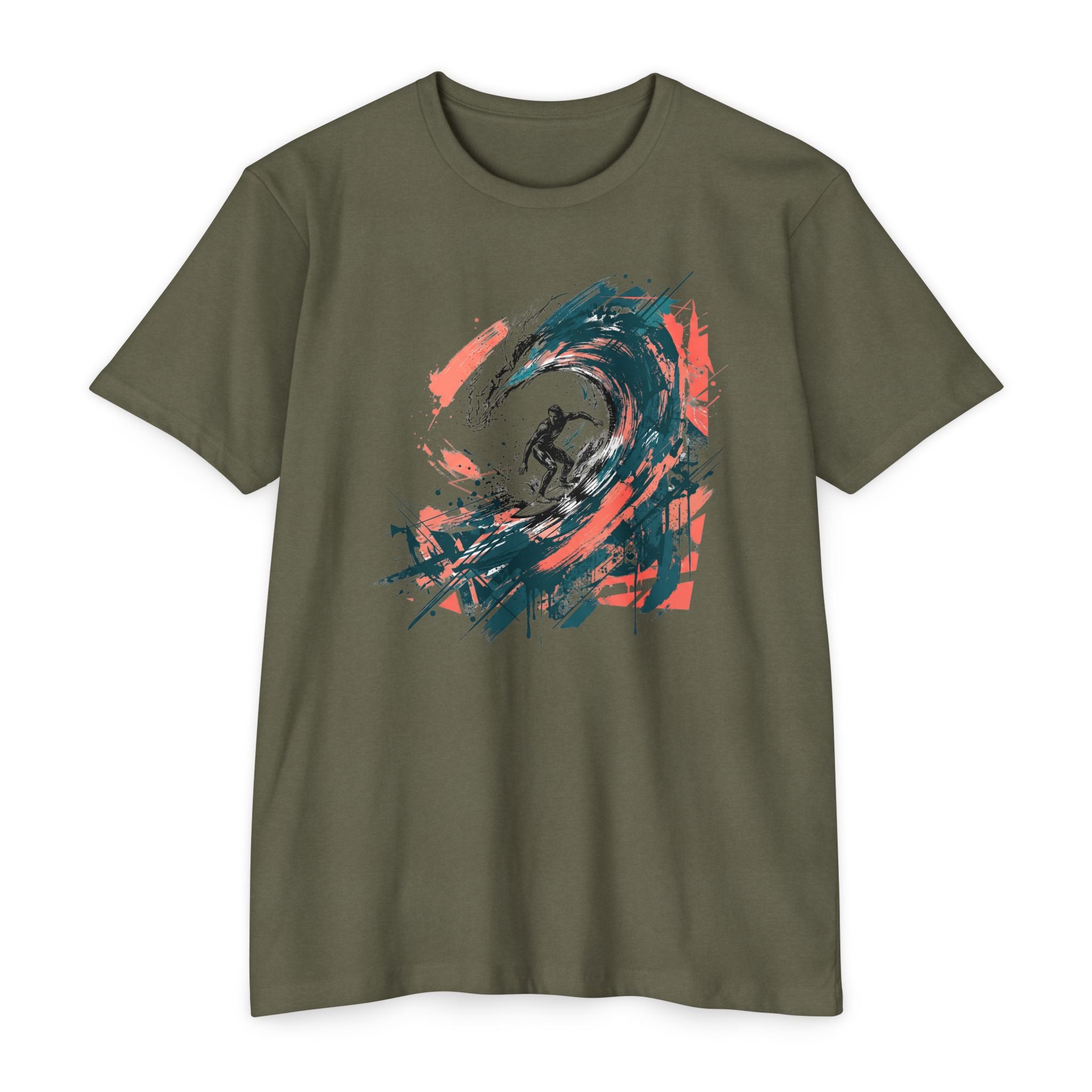 Unisex T-shirt in olive green with abstract surfer wave paintbrush graphic on front.