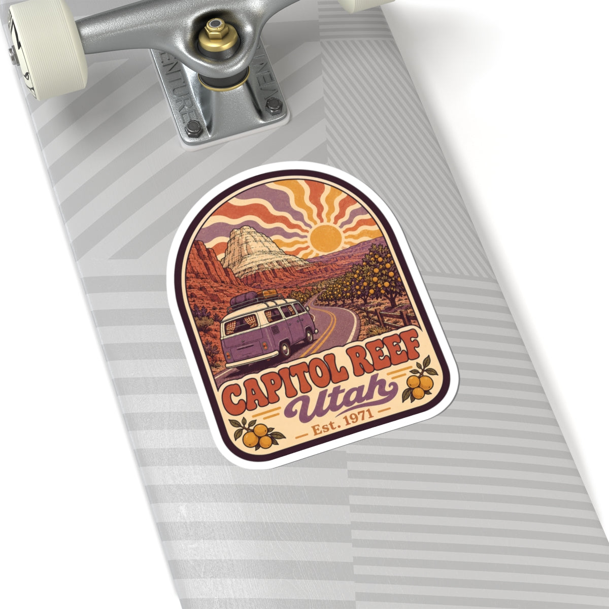 Kiss-cut sticker featuring a desert road, camper van, and Capitol Reef Utah with border ring.