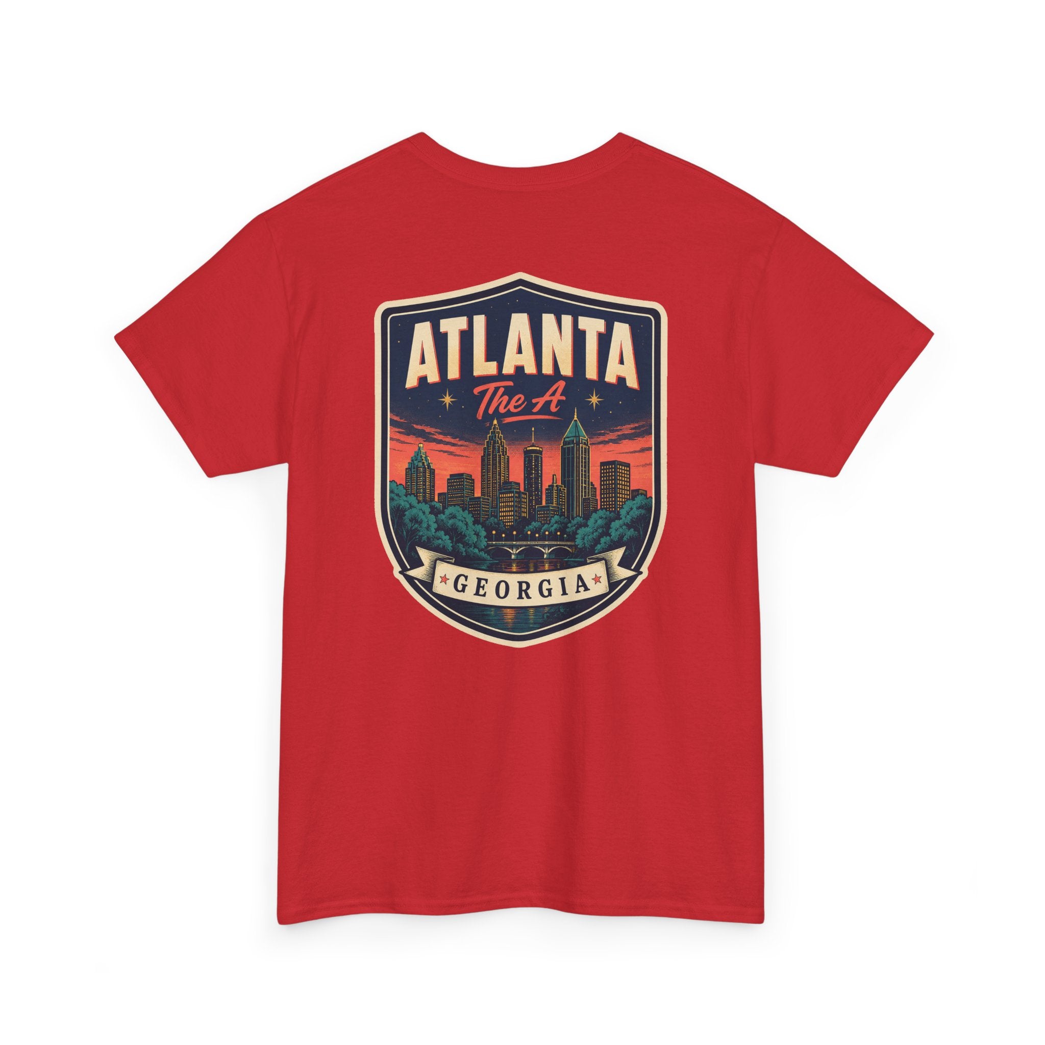 Red T-shirt with Atlanta Georgia skyline badge print